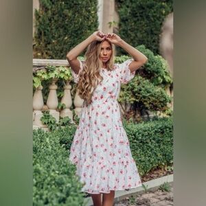 JessaKae White Watercolor Strawberry Puff Sleeve Ruffle Tier Midi Dress